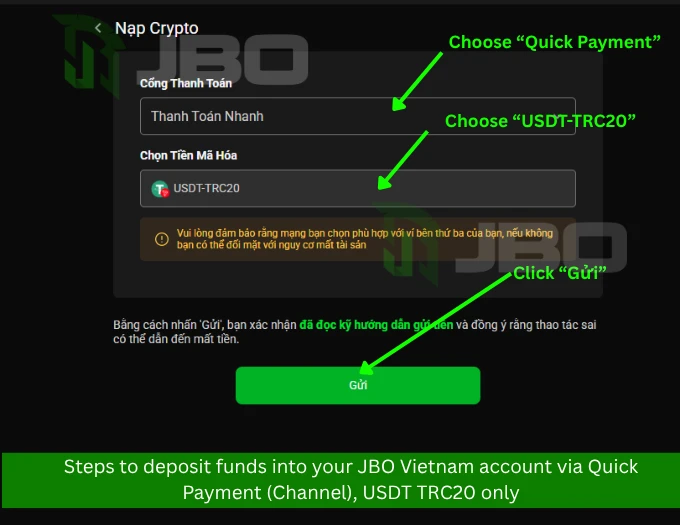 Deposit funds at JBO Vietnam via crypto quick payment