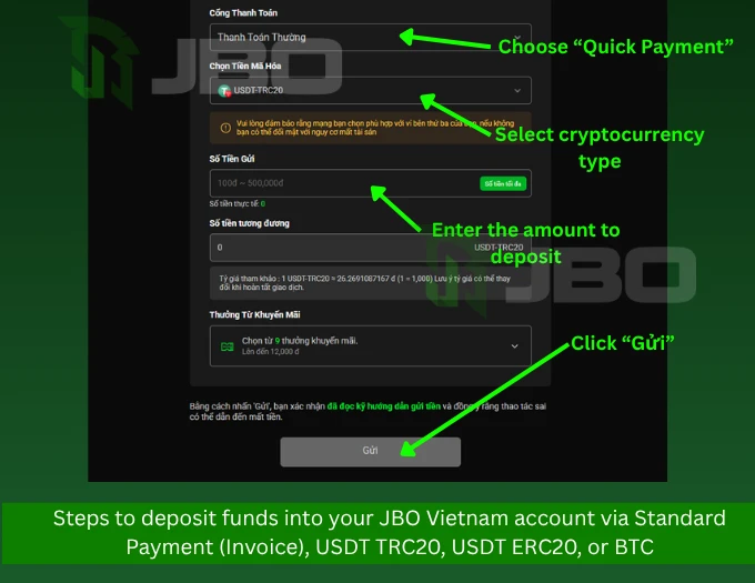 Deposit funds at JBO Vietnam via crypto standard payment