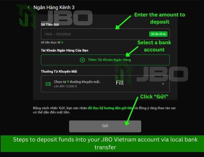 Deposit funds at JBO Vietnam via local transfer