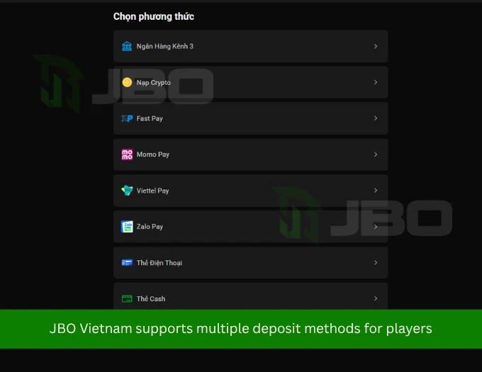 Deposit methods at JBO Vietnam