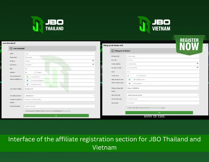 Interface of the affiliate registration section for JBO Thailand and Vietnam
