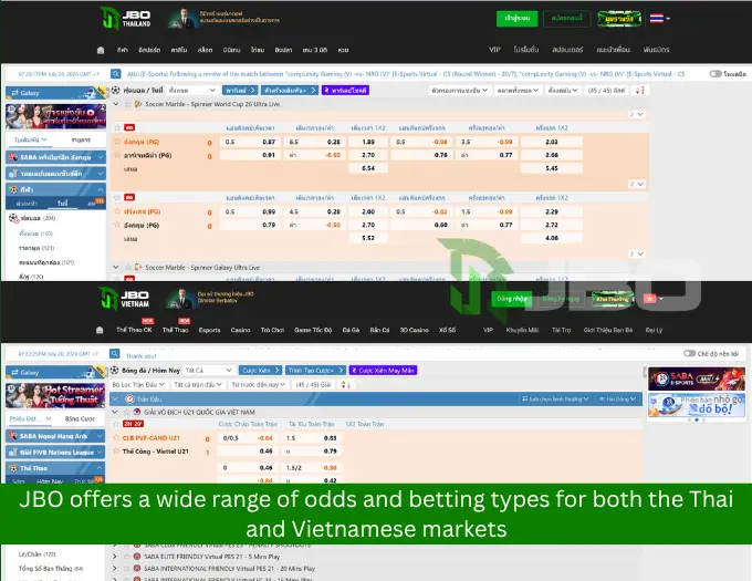 JBO offers a wide range of odds and betting types for both the Thai and Vietnamese markets