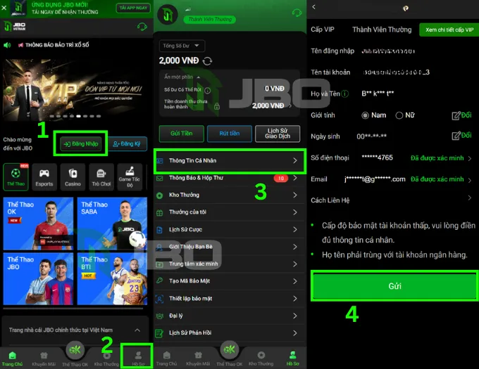 Login and information update interface at JBO Vietnam