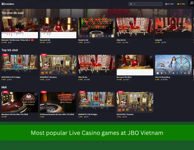 Most popular Live Casino games at JBO