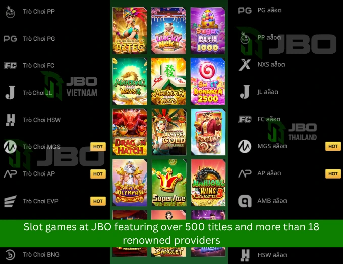 Slot games at JBO featuring over 500 titles and more than 18 renowned providers