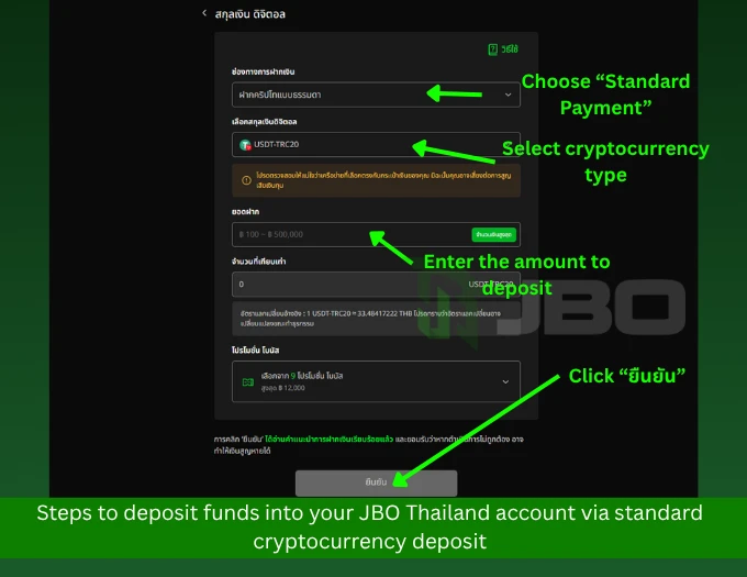 Steps to deposit funds into your JBO Thailand account via standard cryptocurrency deposit