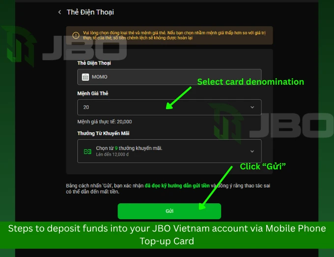 Steps to deposit funds into your JBO Vietnam account via Mobile Phone Top-up Card
