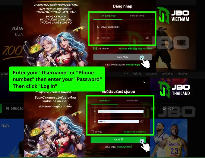 Enter login details to login into jbo account