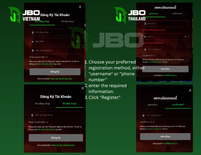 JBO account registration interface for Vietnam and Thailand